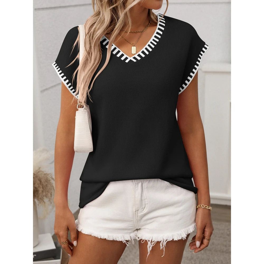 2025 Summer Women's Striped Ribbed Knitted V Neck Short Sleeve T-Shirts Femme Fashion Colorblock Casual Tops Streetwear