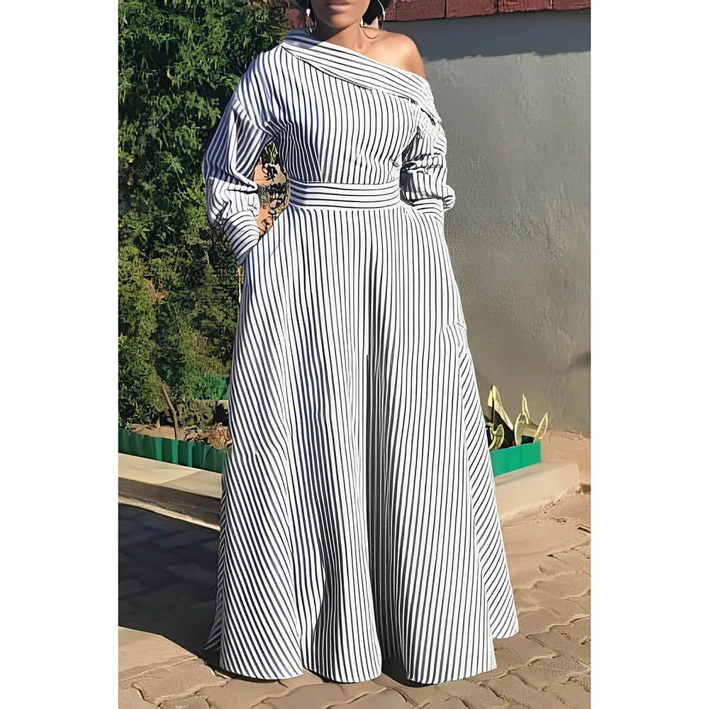 Plus Size White Casual Dress Ash Stripe Oblique Collar One Shoulder Maxi Dress With Pocket