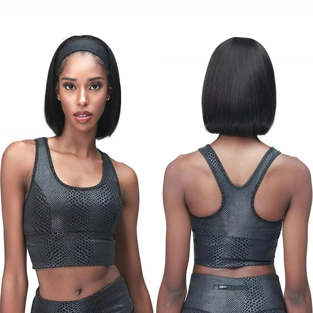 Headband Wigs Human Hair Bob Headband Wigs for Black Women Easy Put On and Go Glueless Wigs Short Straight Wigs Machine Made Wig