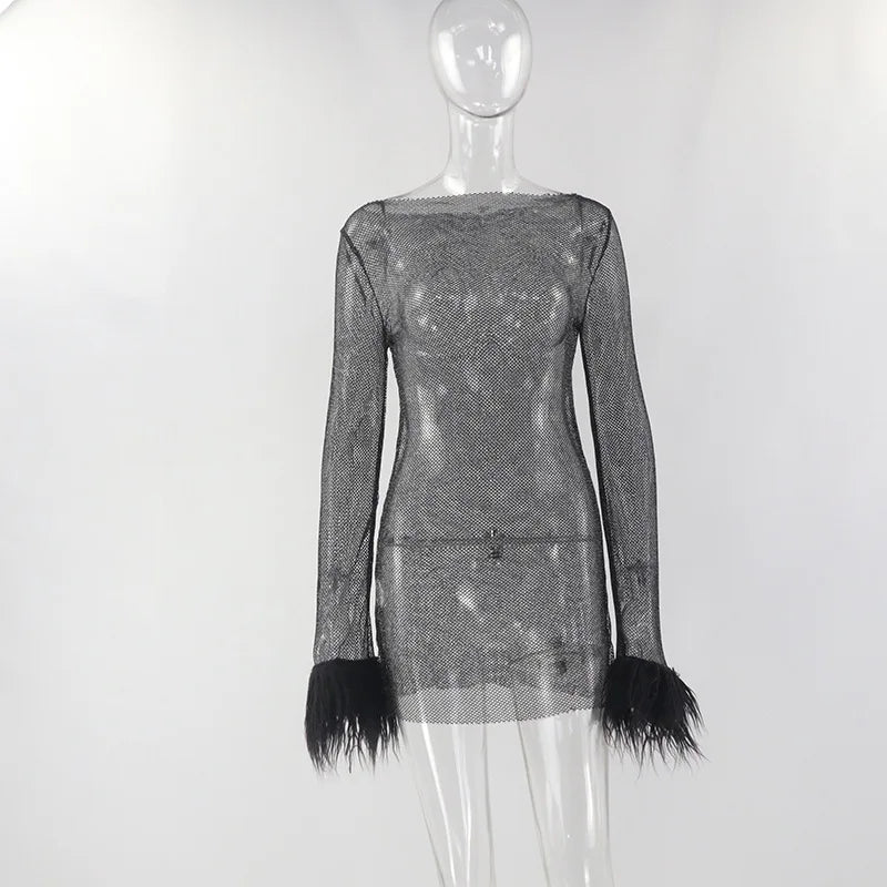 See Through Mesh Mini Dress Women Autumn Black Long Sleeves O-Neck Bodycon Elegant Sexy Dress Club Partywear Fashion Streetwear