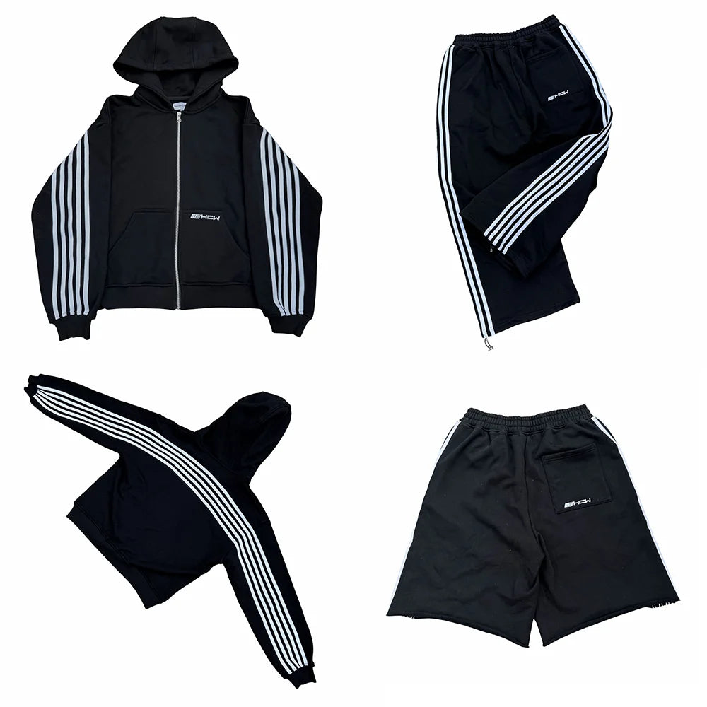 American HCW Retro Striped Zipper Hoodie Y2K Clothes Mens Womens Hip-hop Letter Embroidery Black Oversized Sweatshirt Jacket