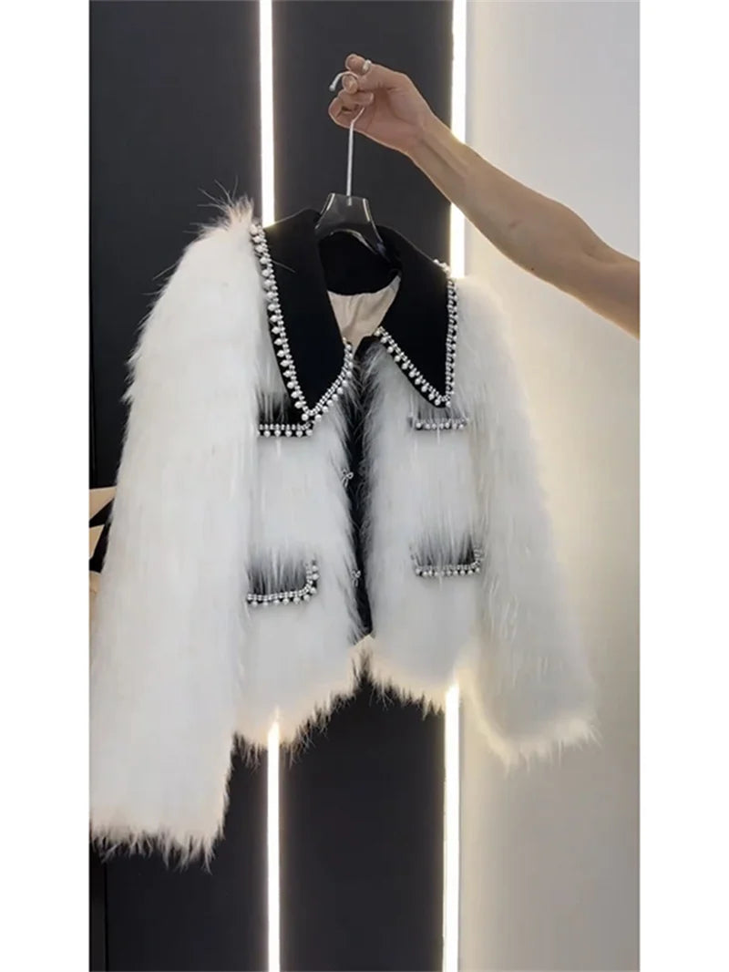 High end Heavy Industry Nail Bead Imitation Fox Fur Grass Coat for Women's Autumn and Winter 2024 New Unique Warm Top Jackets
