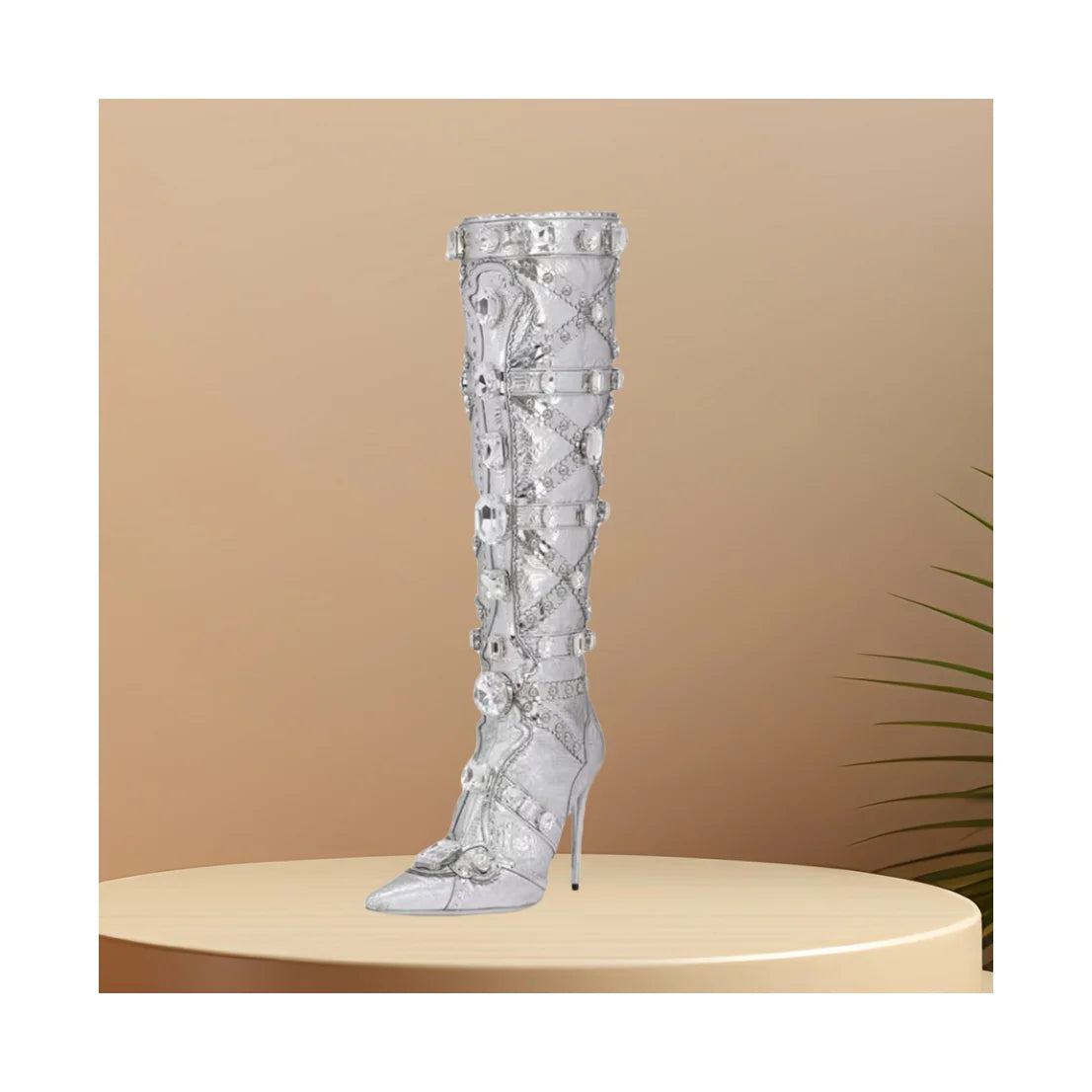 Silver Crystal Decor Knee High Boots Pointed Toe Shoes for Women Thin High Heel Sexy Lady Shoes 2024 Zapatos Para Mujere