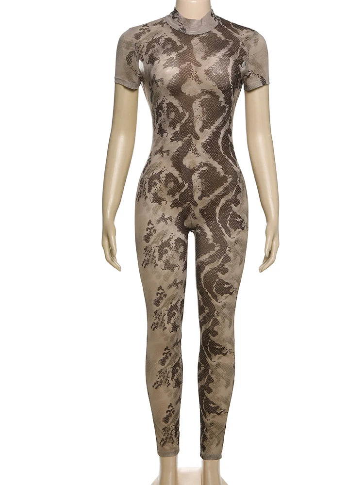 Weird Puss Serpentine Jumpsuit Women See Through Backless Short Sleeve Sexy Fit Summer Workout Overalls Stretch Button Clubwear