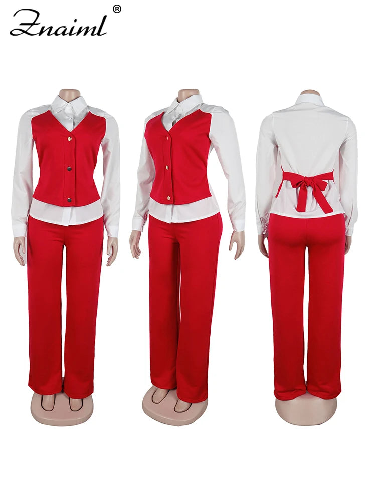 Znaiml Elegant Office Women's Long Sleeve Patchwork Vest Shirt and Straight Pants Two 2 Piece Sets Work Suits Matching Outfits
