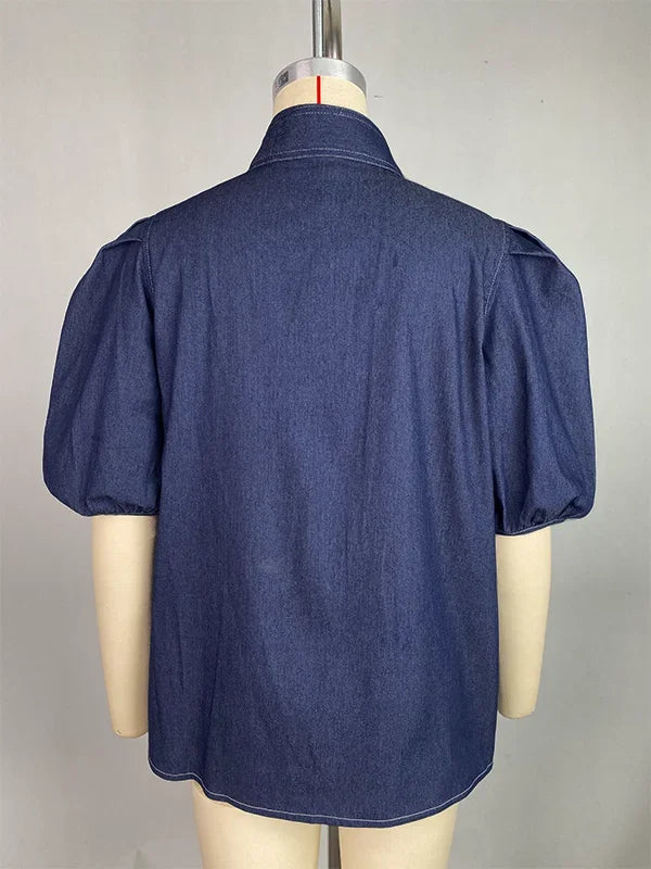 Beautyblue Women Fashion High Neck Imitation Denim Shirts Puff Sleeves Blouses Summer New Casual Solid Color Bow Tie Tops Female