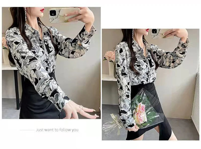 Shirt Women's Design Sense Niche Long-Sleeved Blousers 2025 Spring And Autumn Korean Retro Buttton Chiffon Shirt Top Printed 102