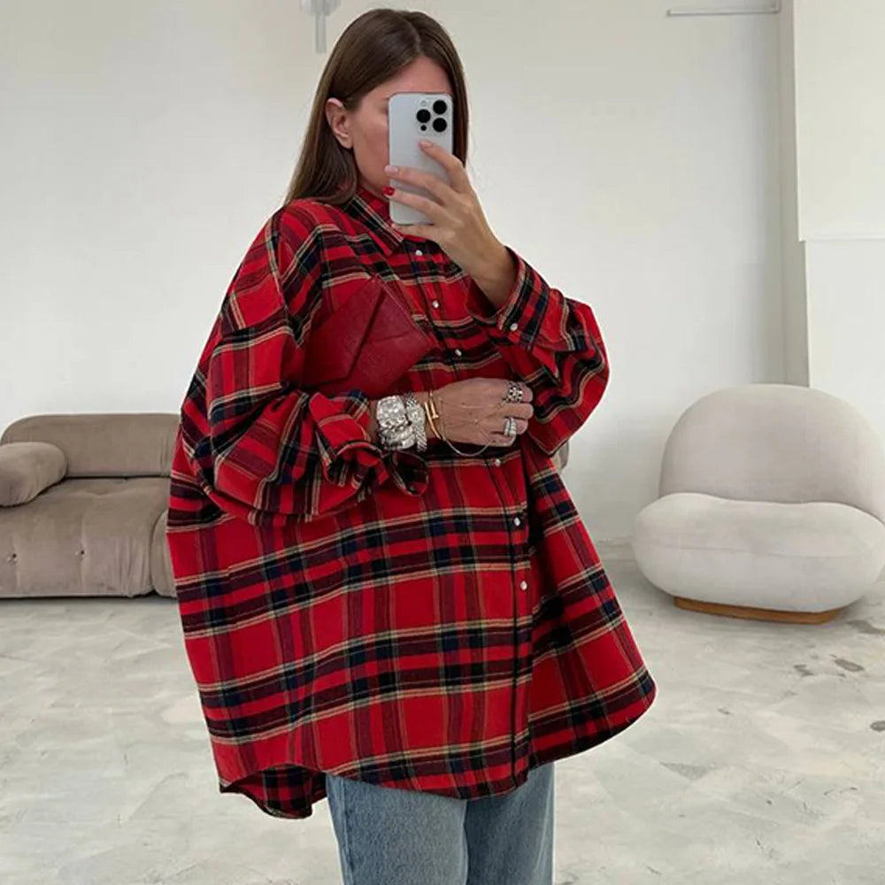 FSMG-Versatile Plaid Shirt For Women, Red Bright Grid, Oversized Blouse, Leisure And Fashionable Top, Spring And Autumn Seasons
