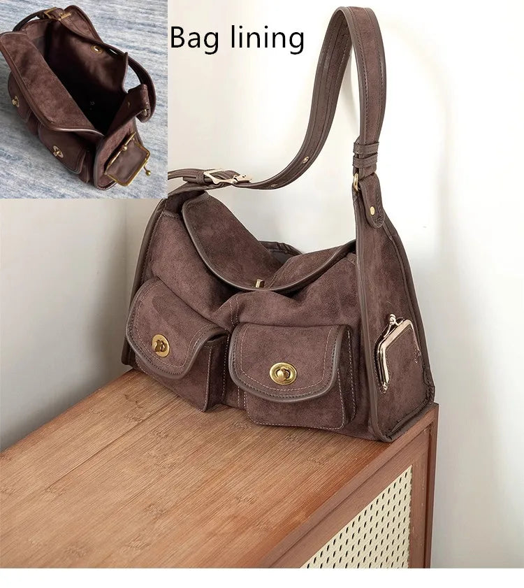 Casual Commuter Large Capacity Suede Pillow Bag Single Shoulder Crossbody Bag Vintage Style Polyester Lining Zipper Closure