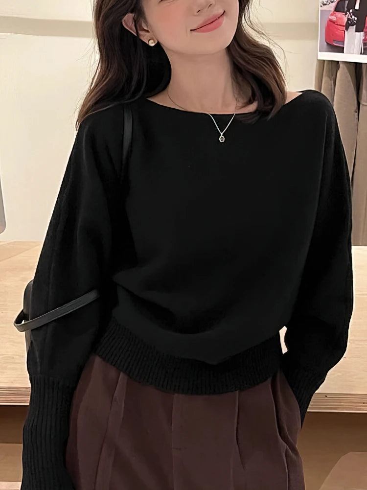 Batwing Long sleeve Knitted Pullover Women Solid color Off shoulder Top Korean Fashion Sweater Loose Casual Autumn Outwear Pull