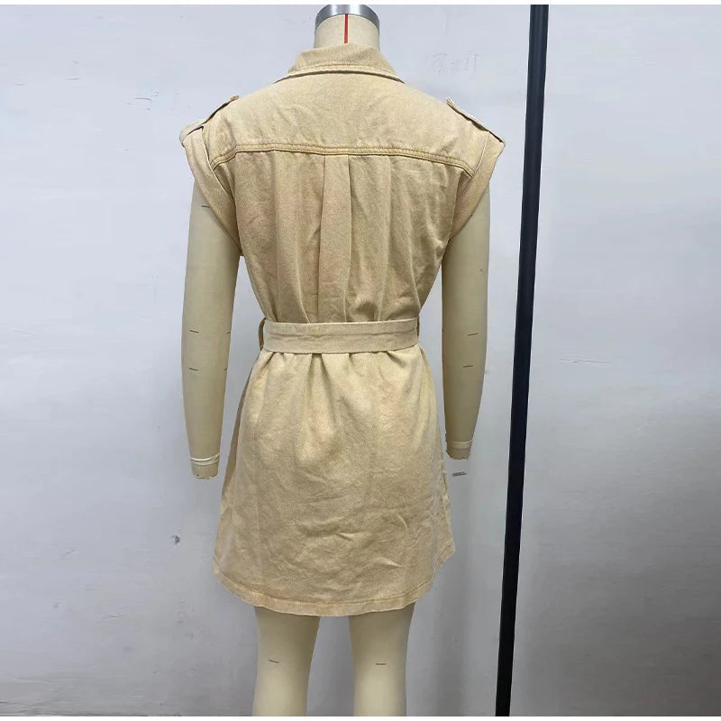 Vintage Women's Short-sleeve Denim Dress Button-front Lapel With Belt Casual Workwear Elegant Female Vestidos Summer 2025
