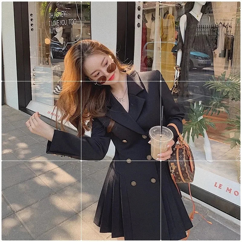 4XL Women's Fat mm Hepburn Double breasted Blazer Suit Dress Autumn and Winter Waist Shrinking Long Sleeve Pleated Dress Orange