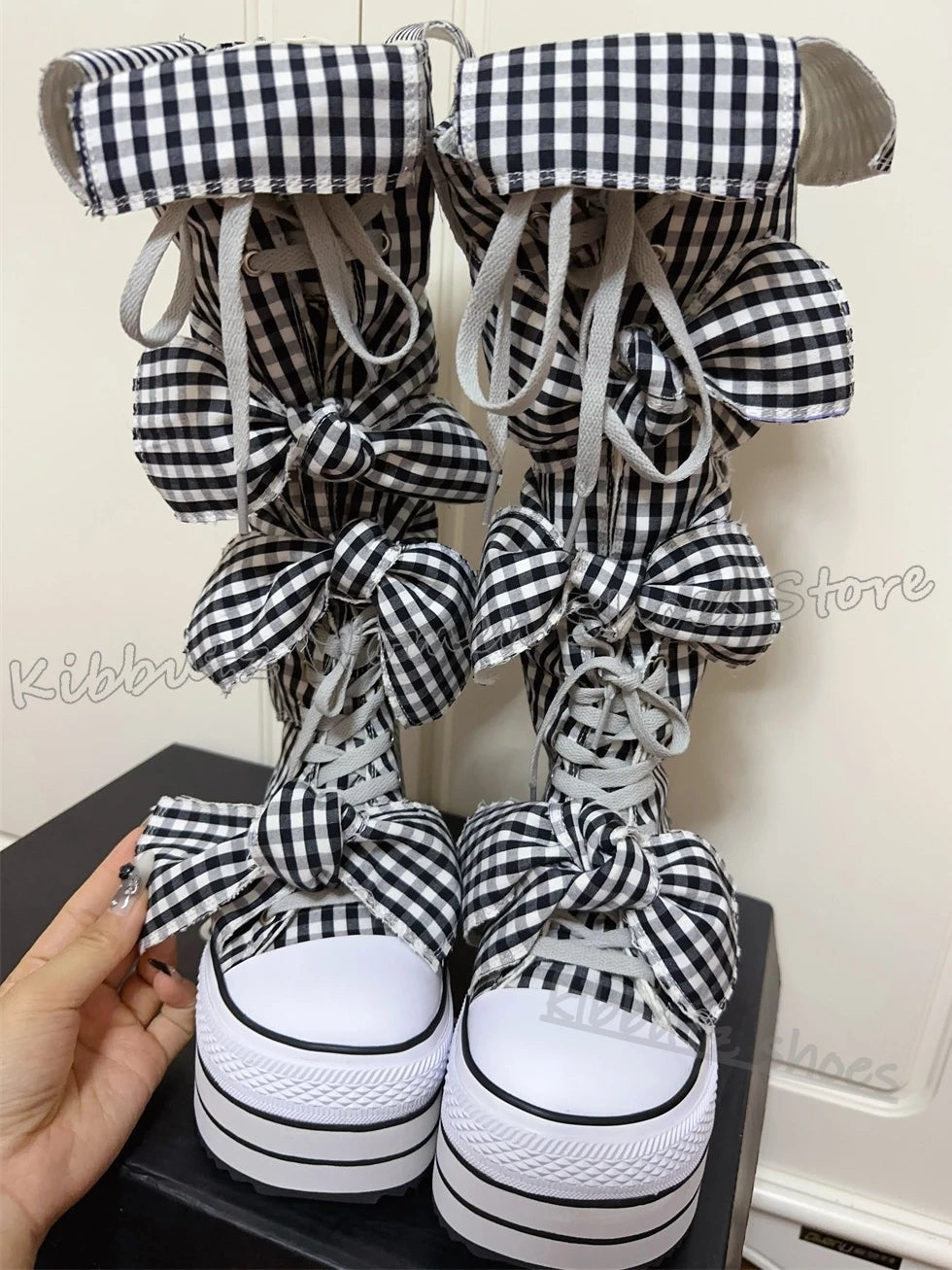 Checkered Canvas Boots Knee High Platform Lace-Up Mixed Color Fashion Elegant Luxury Novelty Women Shoes Round Toe Thick Bottom