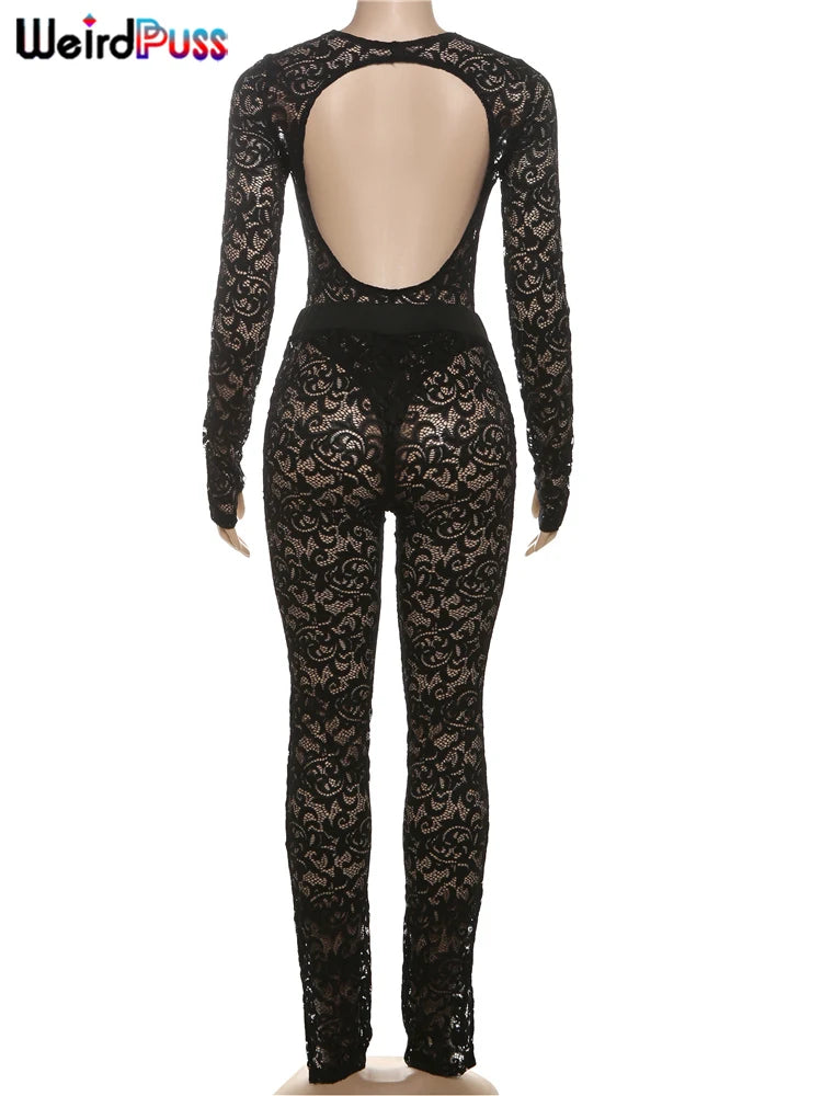 Weird Puss See Through 2 Piece Set Women Sexy Hollow Jacquard Backless Bodysuit+Leggings Tight Activity Clubwear Skinny Outfits