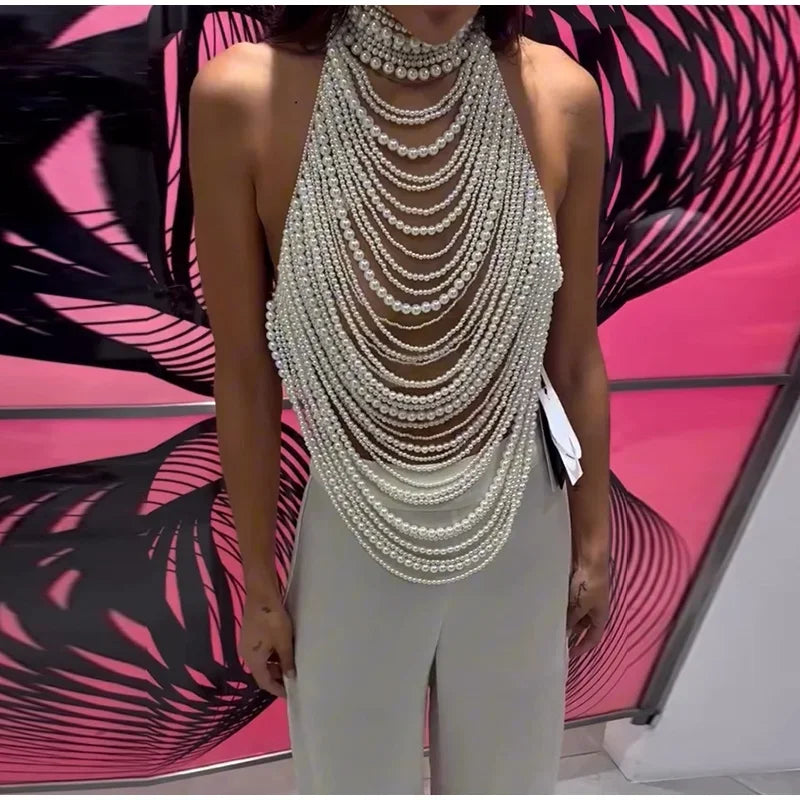 Elegant Pearl Halter Tank Top With Layered Chain Trim for Women