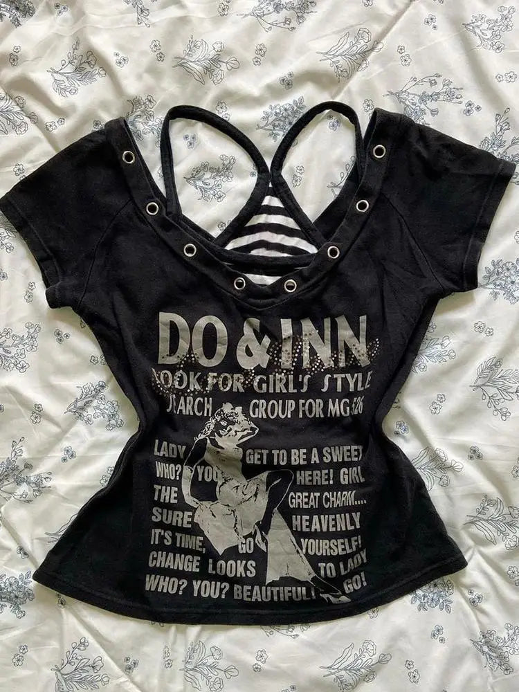 Millennial Retro Black Letter T-Shirt Gothic Rock Punk Short-sleeved Two-piece Set Harajuku Style Y2k Hip Hop Hot Girl Top