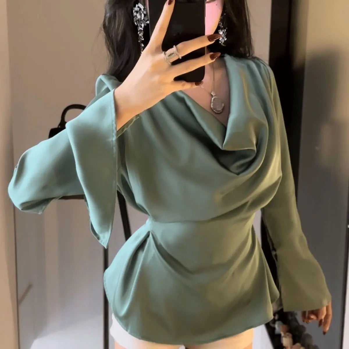 Silk Satin Basic Blouse Women Luxury Elegant Flare Long Sleeve Shirt Lady Bandage Tunic Top Korean Office Casual