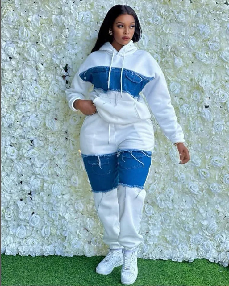 Pants Set Women Two Piece Sets Hooded Matching Sets Sweatshirts Long Pants High Waist Denim Splice Y2k Casual Jogger 2025