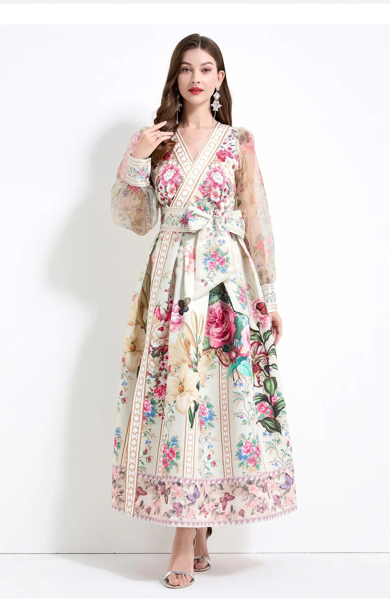 Retro Court Style V-Neck Lace Lantern Sleeve Belted Waist Design Large Print Dress Floral Print Women's Dress Fashionable Gown