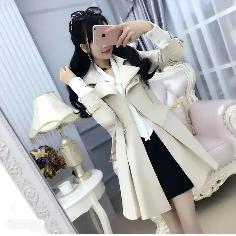 2025 Spring and Autumn Women's Windbreaker Beige British Trench Coat Mid Length Long Sleeved Fashionable Clothing