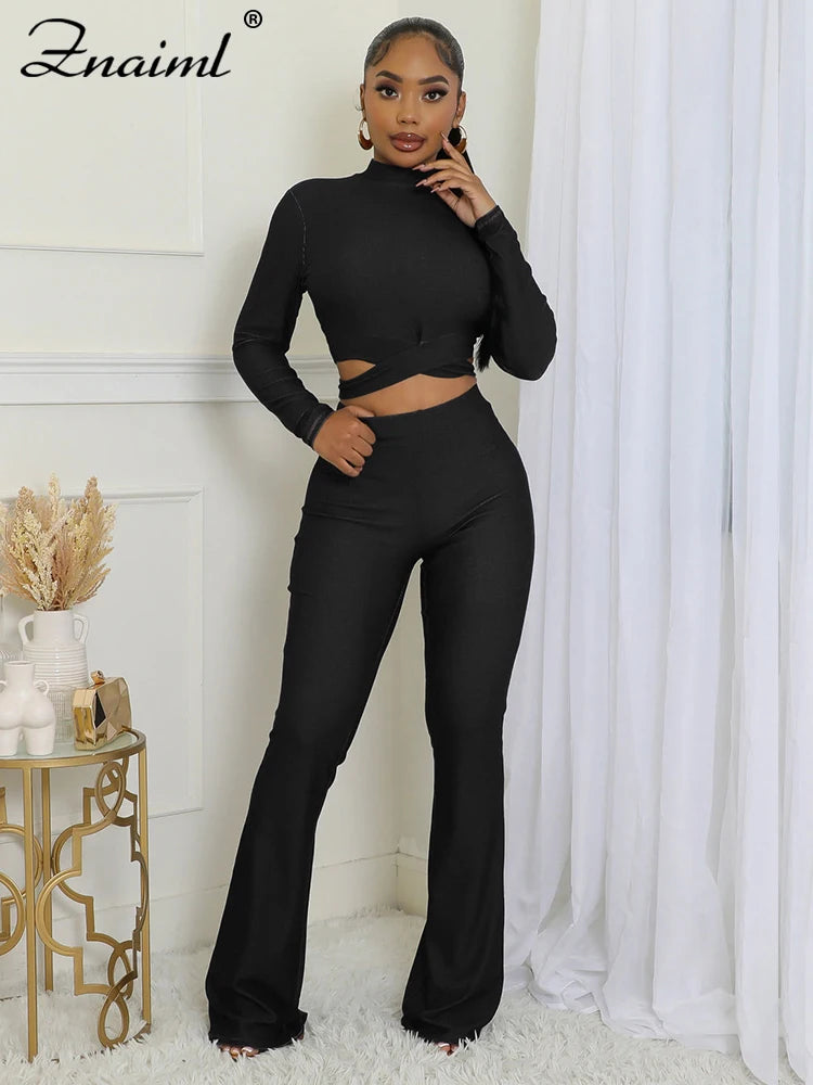 Znaiml Women's Full Sleeve Cross Hollow Out Crop Tops and Flare Pants Set Spring Fall Fitness Sports Blue Two 2 Piece Outfits