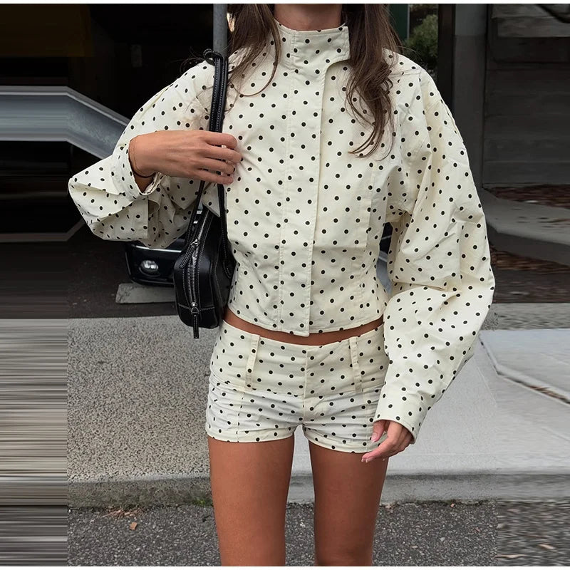 Loose Polka Dot Zipper Women's Shorts Set Stand Collar Patchwork Full Sleeve Pockets Jacket Tie Up Short Pant Suit Summer Outfit