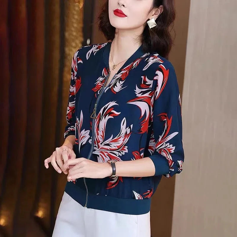 Fashion Print Jacket Female Spring Top 2024Summer UV Protection Joker Short Chiffon Sunscreen Clothing Female Top Thin Shirt Top