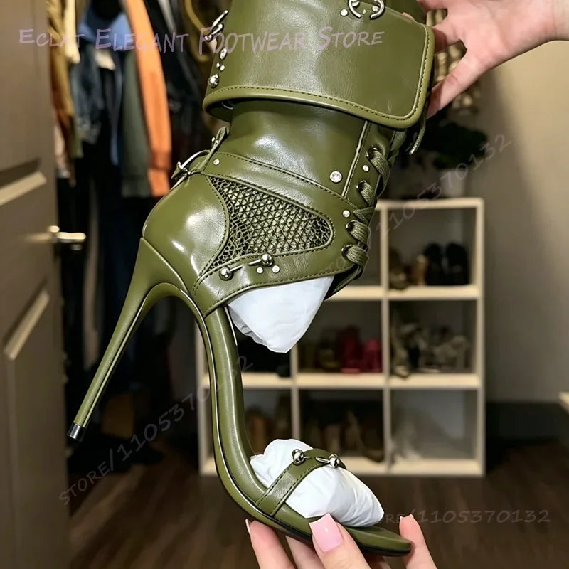 Dark Green Studded Stiletto Sandals With Buckle Ankle Strap For Women