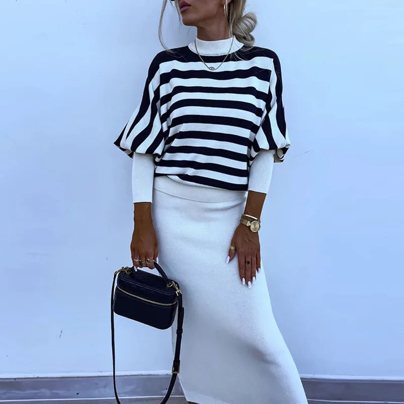 2025 New Autumn Striped Loose Pullover Women's Suit Sexy V-neck Sleeveless Dress Two-piece Set Casual Knitted Slim Fit Outfits