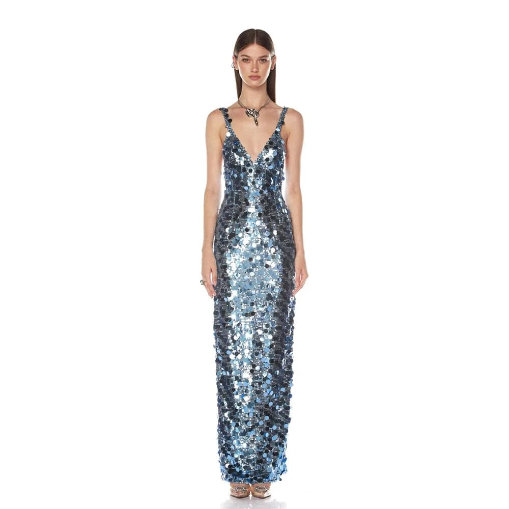 2025 New Sexy Straps Deep V Neck Blue Sequins Long Dress Women Sleeveless Backless Bodycon Dress Evening Party Cocktail Gown
