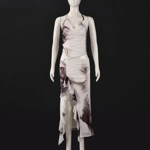 Sexy Evening Dress for Women Sleeveless Pile Collar Halter Print Ruffles Split Long Skirt Party Birthday Dresses New Summer 2025