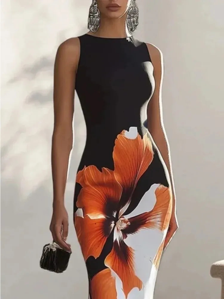 Gymystars Skinny Sleeveless Flower Print Dress Women's Evening Dresses Elegant Sexy Outfit Black White Flowers Party Dress Robe