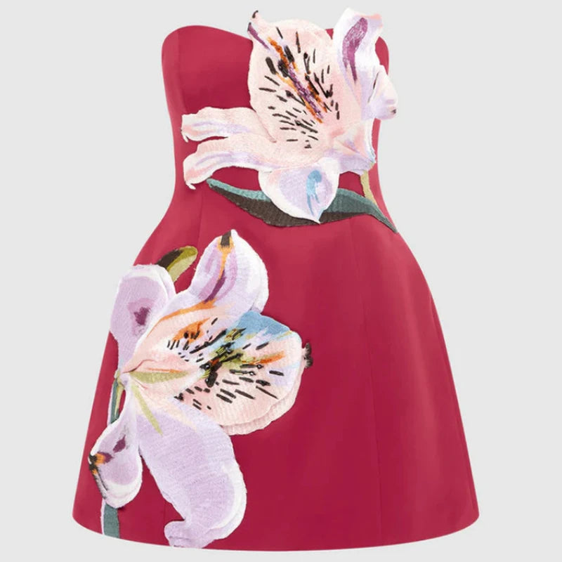 Lady Elegant Strapless Waist Banquet Dress Fashion Sleeveless Hollow Cocktail Dresses Casual Floral Print Backless Holiday Dress