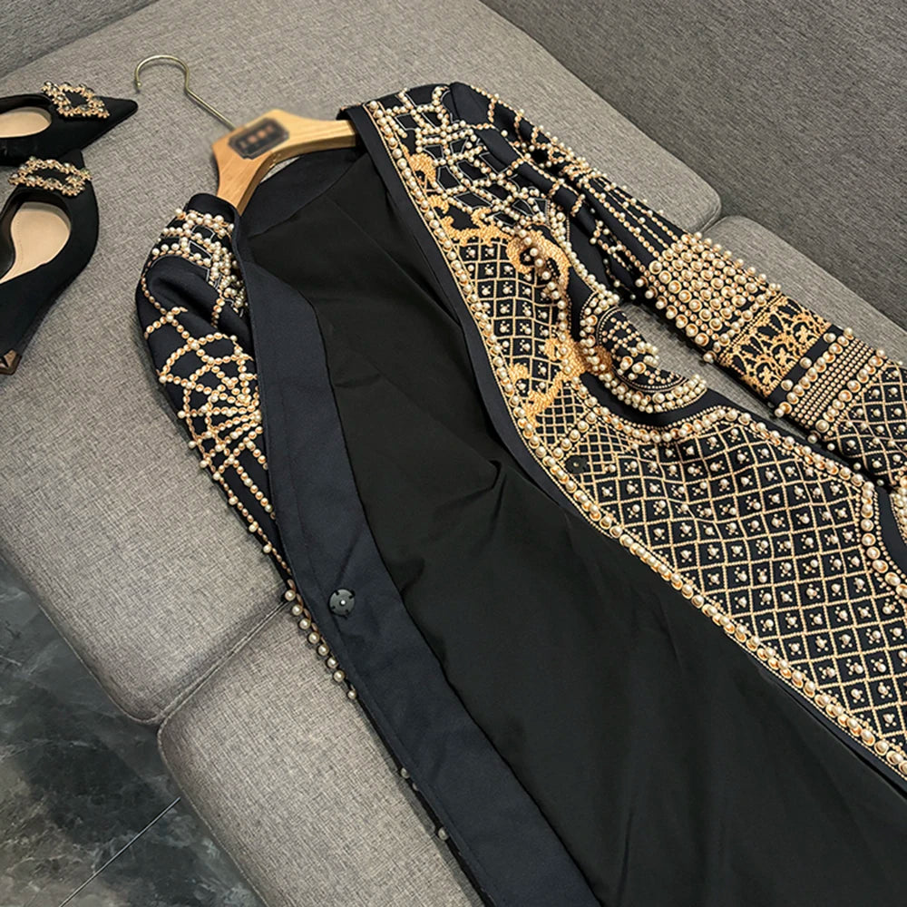 TWOTWINSTYLE Luxury Spliced Pearl Jackets For Women Deep V Neck Long Sleeve High Waist Temperament Jacket Female New KJA502566