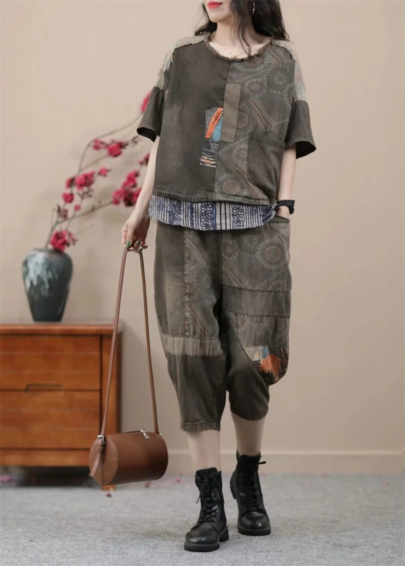 2024 Female Korean Ethnic Style Denim Harlan Pants Sets two-piece Women's Summer New Small Casual High-end Clothing Printing Set