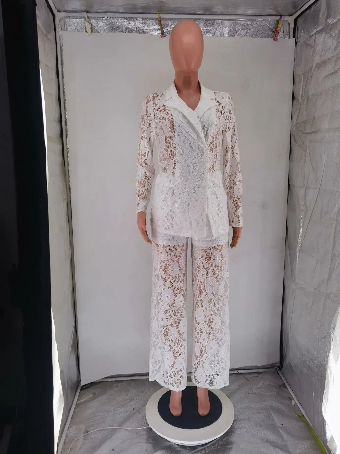 CM.YAYA Vintage Women Lace See Though Long Sleeve Blazer Suit and Wide Leg Straight Pants Set 2023 Two 2 Piece Set Outfits