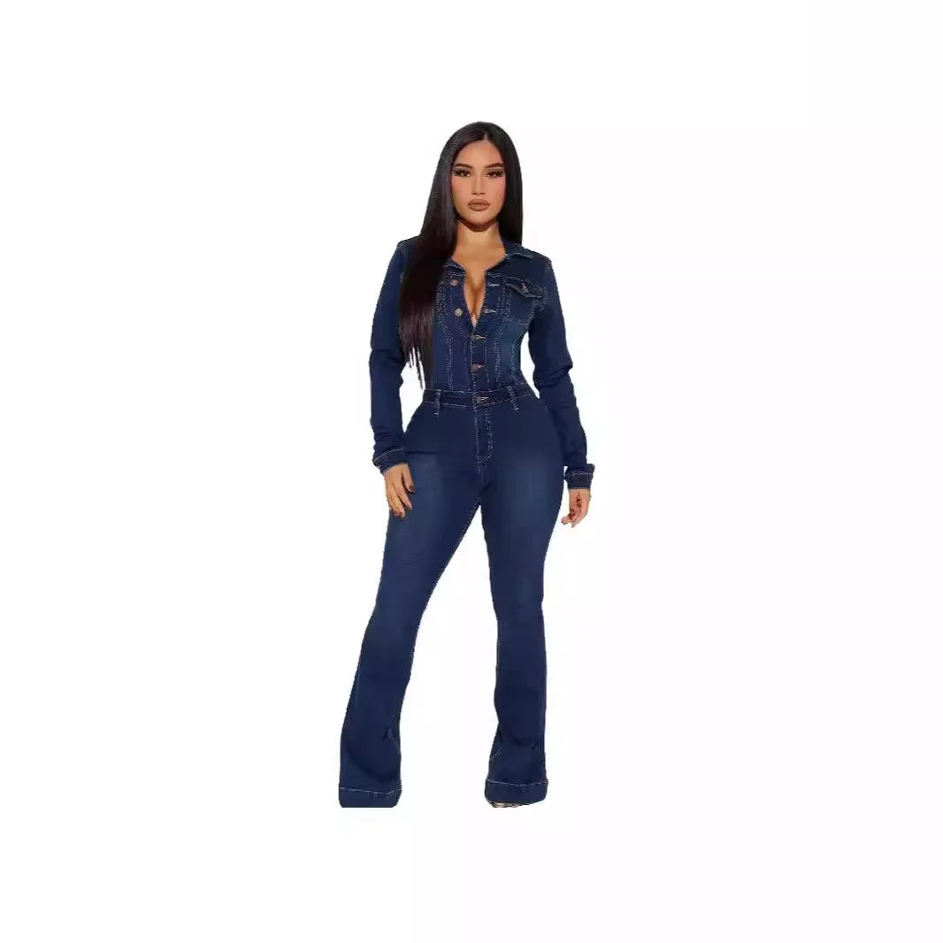 Women Fashion Solid Color Lapel Single-breasted Slim-fit Waist Long-sleeved Denim Jumpsuit Overall Pants