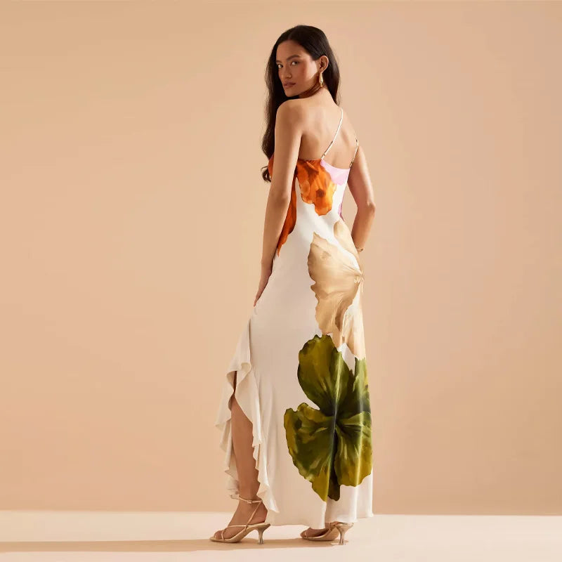 Flower Print Slanted Shoulder Dress Vintage Backless Sleeveless Skinny Irregular Robe For Women 2025 Summer Lady Beach Vestido