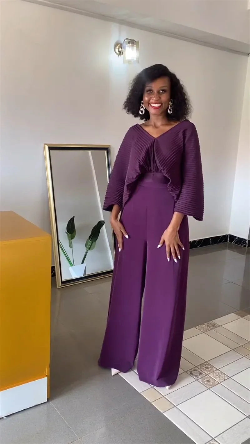 Pleated Blouse V Neck Full Sleeve and Wide Leg Pants Women Loose 2 Pieces Sets Elegant Office Ladies African Outfits 2025
