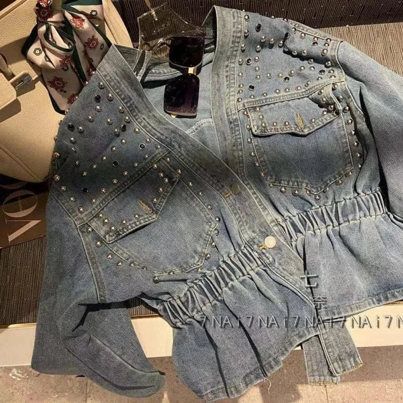 French denim jacket women's new heavy-duty diamond-studded beaded loose short long-sleeved jacket in spring and autumn