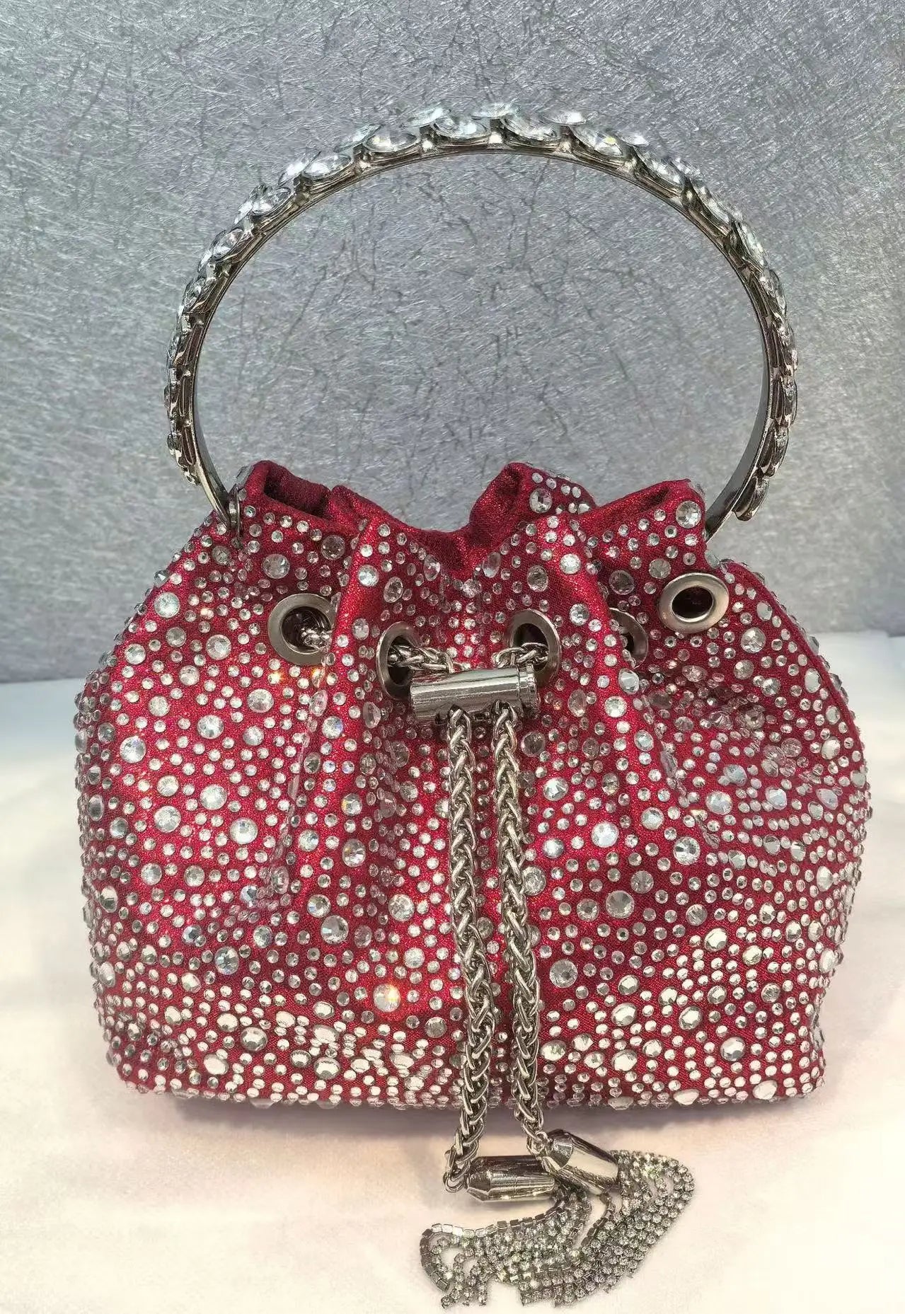 Crystal Shiny Diamonds Bucket Bag Fashion Women Handbag Metal Ring Handle Evening Bag Wedding Party Clutch Purse Crossbody Bag