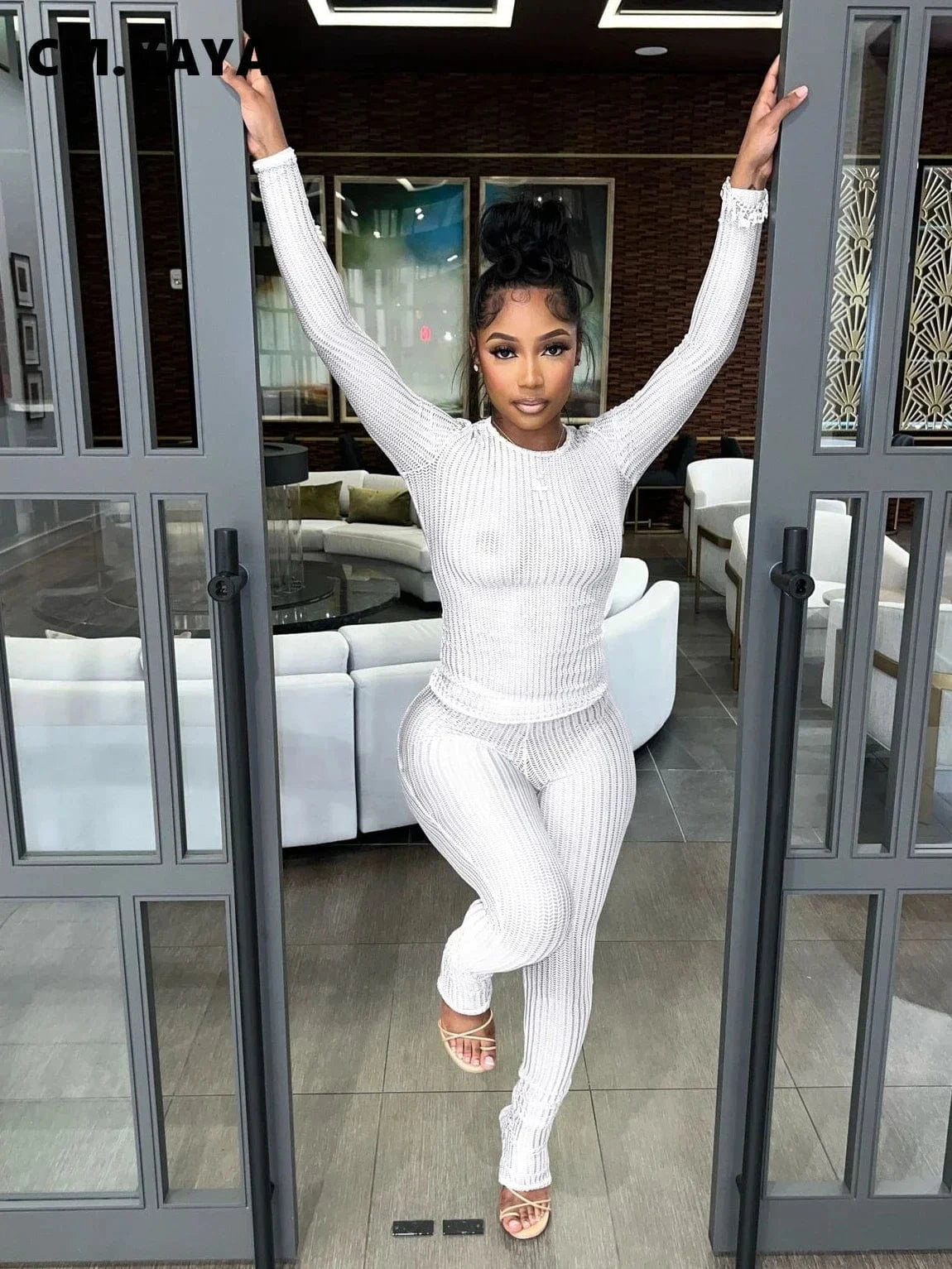 CM.YAYA Fashion See Though Women's Set Long Sleeve T-shirt and Flare Pants 2024 Active Street Two 2 Piece Sets Outfits Tracksuit