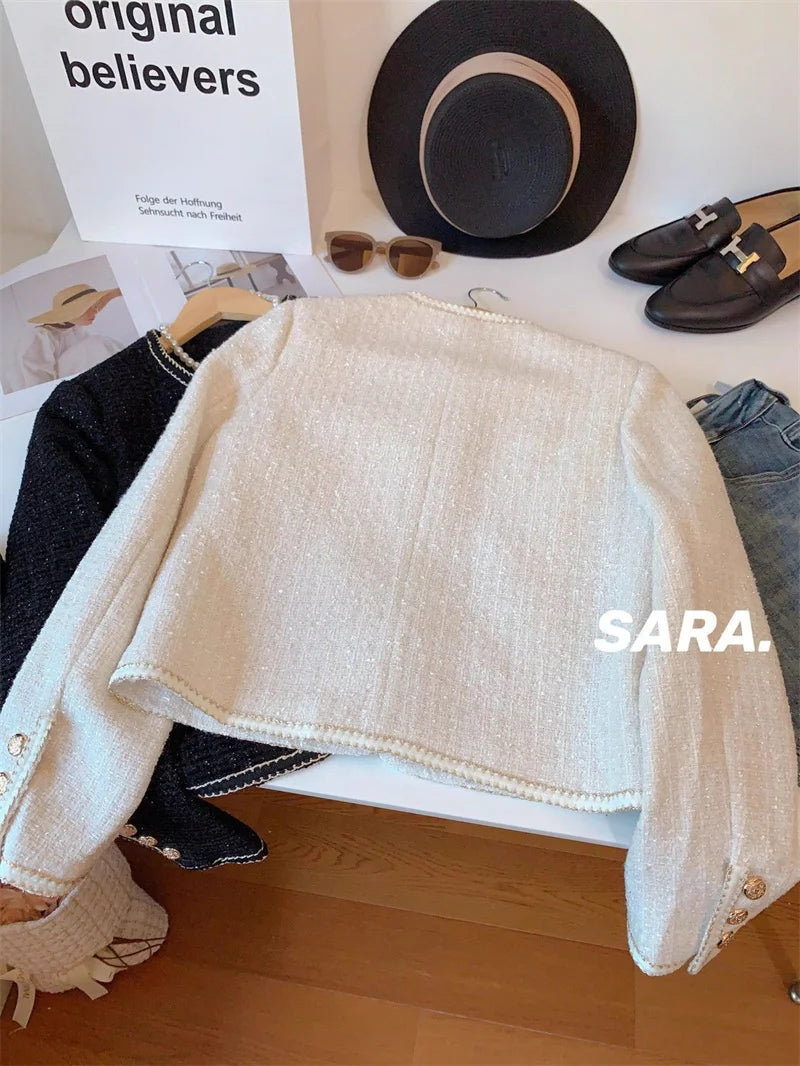 High-End Warm Down Cotton Jacket With Fragrance Tweed Woven Quilted Woolen Suit For Women Autumn Winter 2024 O-Neck Short Top