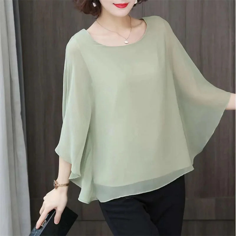 4XL Bat Shirt Summer Women's Loose T-shirt Small Shirt 2025 Spring/Summer Large Wrinkle Resistant And Elegant chiffon Top Green