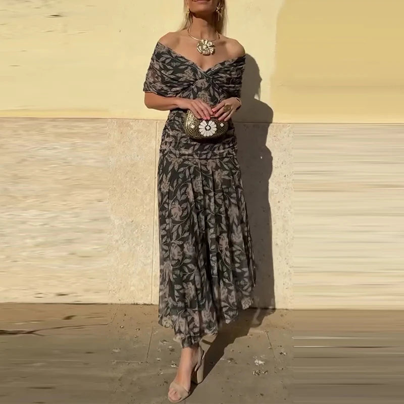 Fashion Off Shoulder High Waist Long Dress Women's Elegant Short Sleeve Commuter Dress New Spring Summer Printed Bohemian Dress