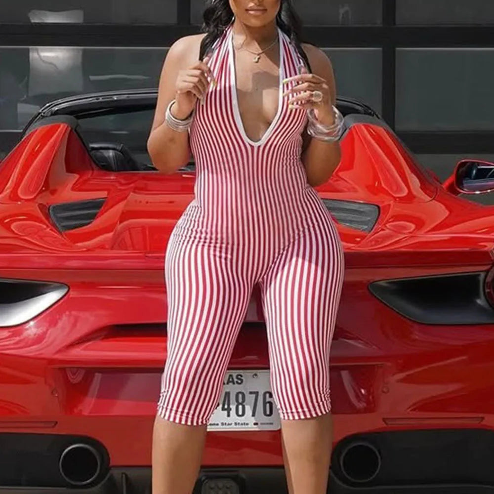 FAGADOER Casual Striped Patchwork Bodycon Romper Women Red Halter Deep V-neck Backless Jumpsuit Female Streetwear Overalls New