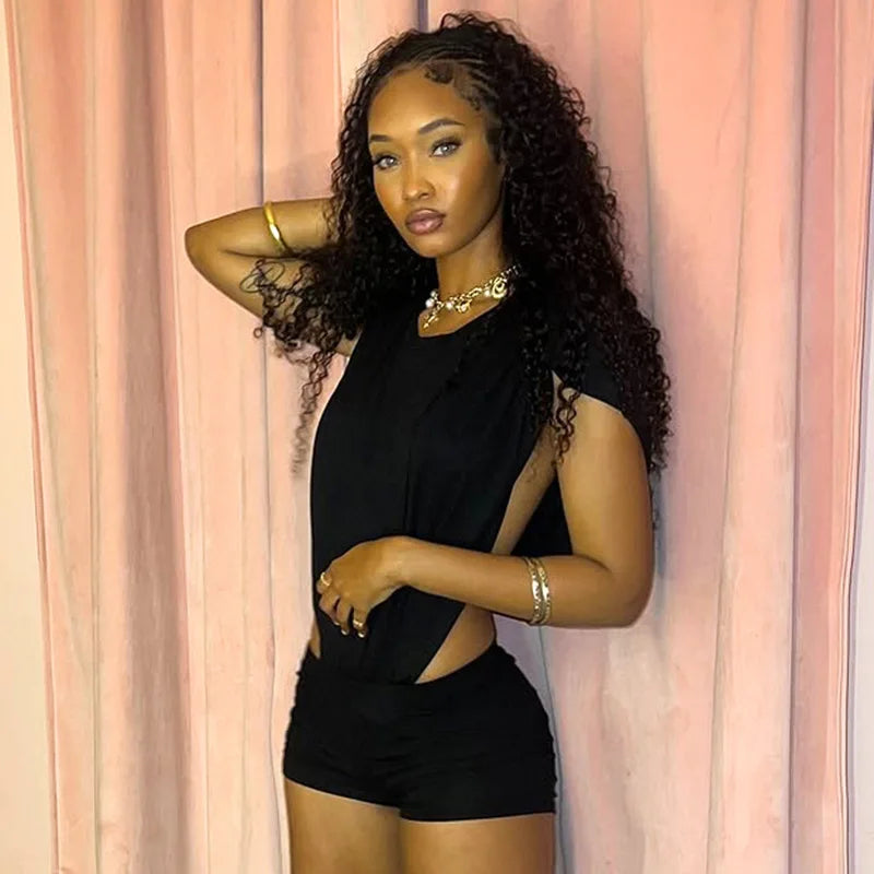 Joskaa 2025 Women's Black Two Piece Set Sexy Crew Neck Sleeveless Side Cutout Bodysuits and Bodycon Shorts Suits Y2K Streetwear