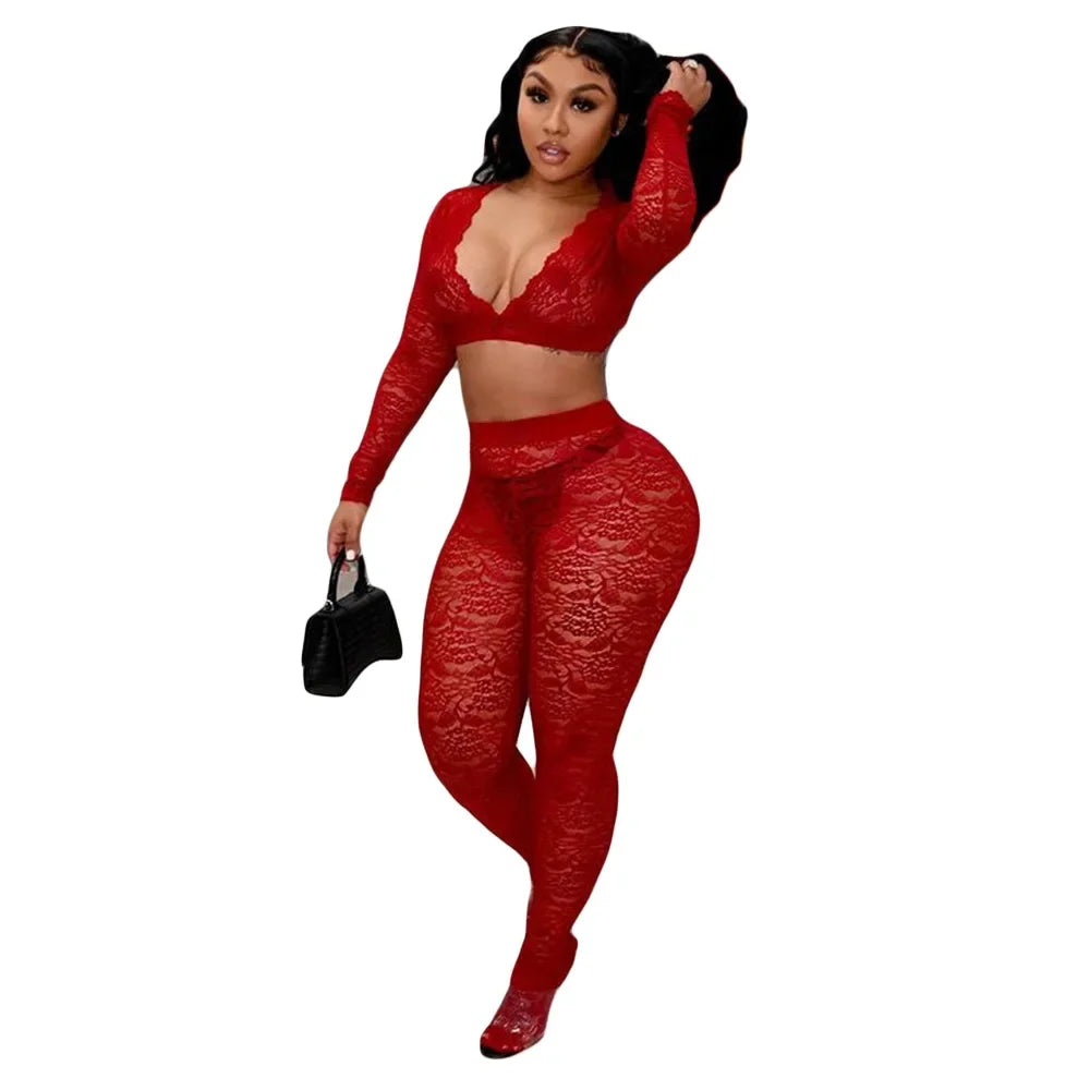 Lace Sheer Two Piece Set With Deep V Crop Tops for Women