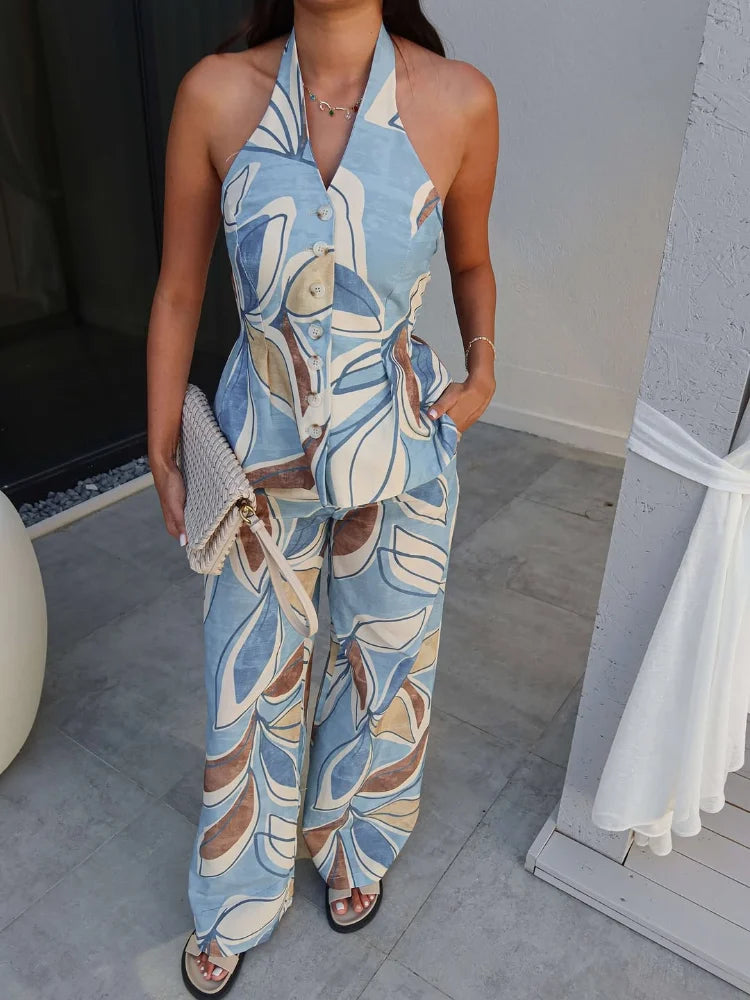 Halter Print Top Pants Set Women Backless Crop Tops Wide Leg Baggy Pants Two Pieces Set Chic Vacation Casual Women Outfit