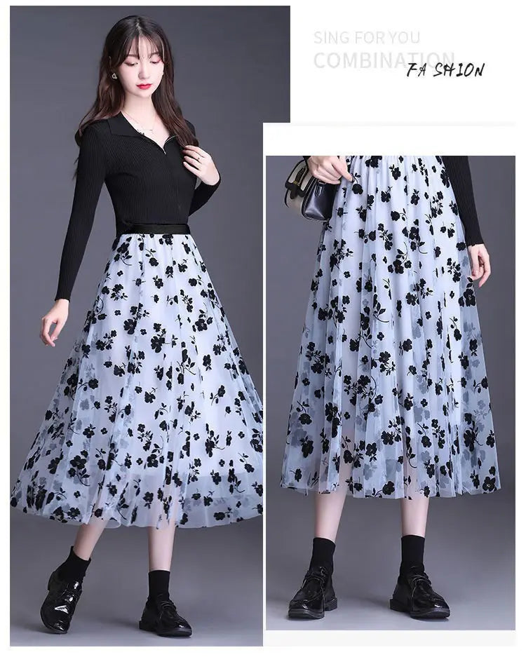 Flocking Floral Pirnted Long Mesh Skirt for Women, High Waist, Max Pleated Tutu, Tulle Skirt, Gauze Skirt, Female, 2025
